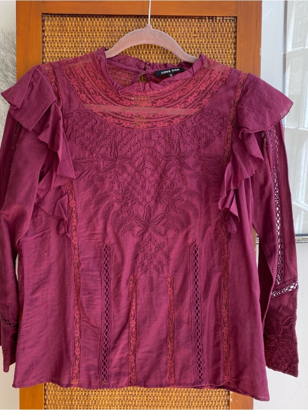 Love Sam Burgundy Lace Embroidered Boho Blouse Size S